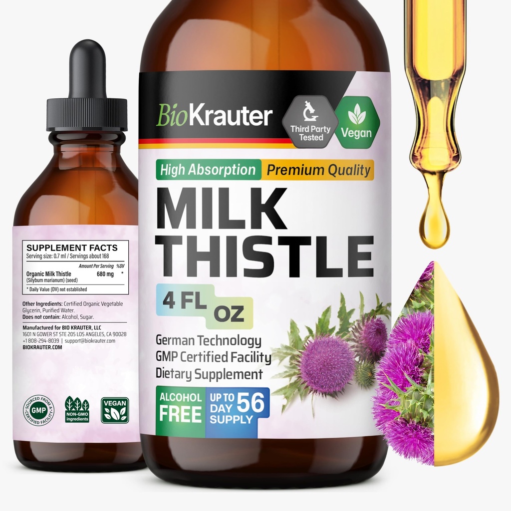 肝臓のクレンジング&デトックスのためのBIO KRAUTER®ミルクアザミサプリメント - 液体ミルクアザミエキス Сontains 消化器サポート4 Fl.Oz - アルコール&砂糖無料、56日間の供給