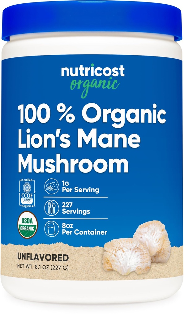 Nutricostオーガニックライオンのマネ茸パウダー(8オンス) - 227サービング、認定USDAオーガニックサプリメント