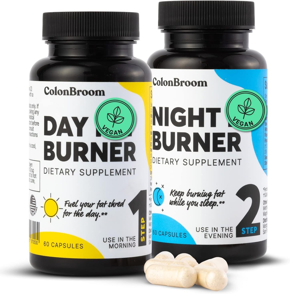 ColonBroom Day & Night Burner Supplements, Pills for Women/Men with Inulin, L-carnitine, Coenzyme Q 10, Grain of Paradise and More, Colon Broom 60 Vegan Capsules Per Container