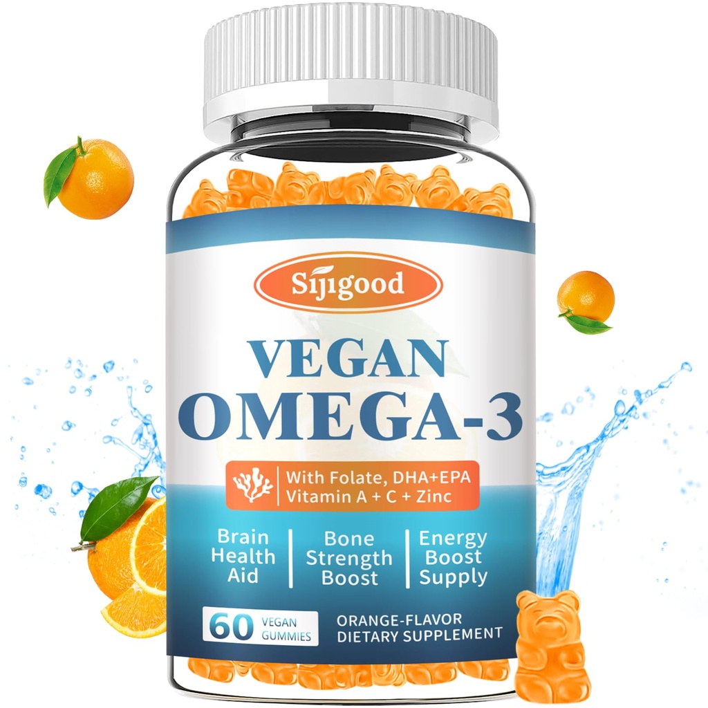 Omega-3 グミー ポテト アルゲー オメガ ソース, ブースト 脳, 目 & 免疫機能, DHA と EPA ビーガン & 砂糖無料, オレンジ味, 60