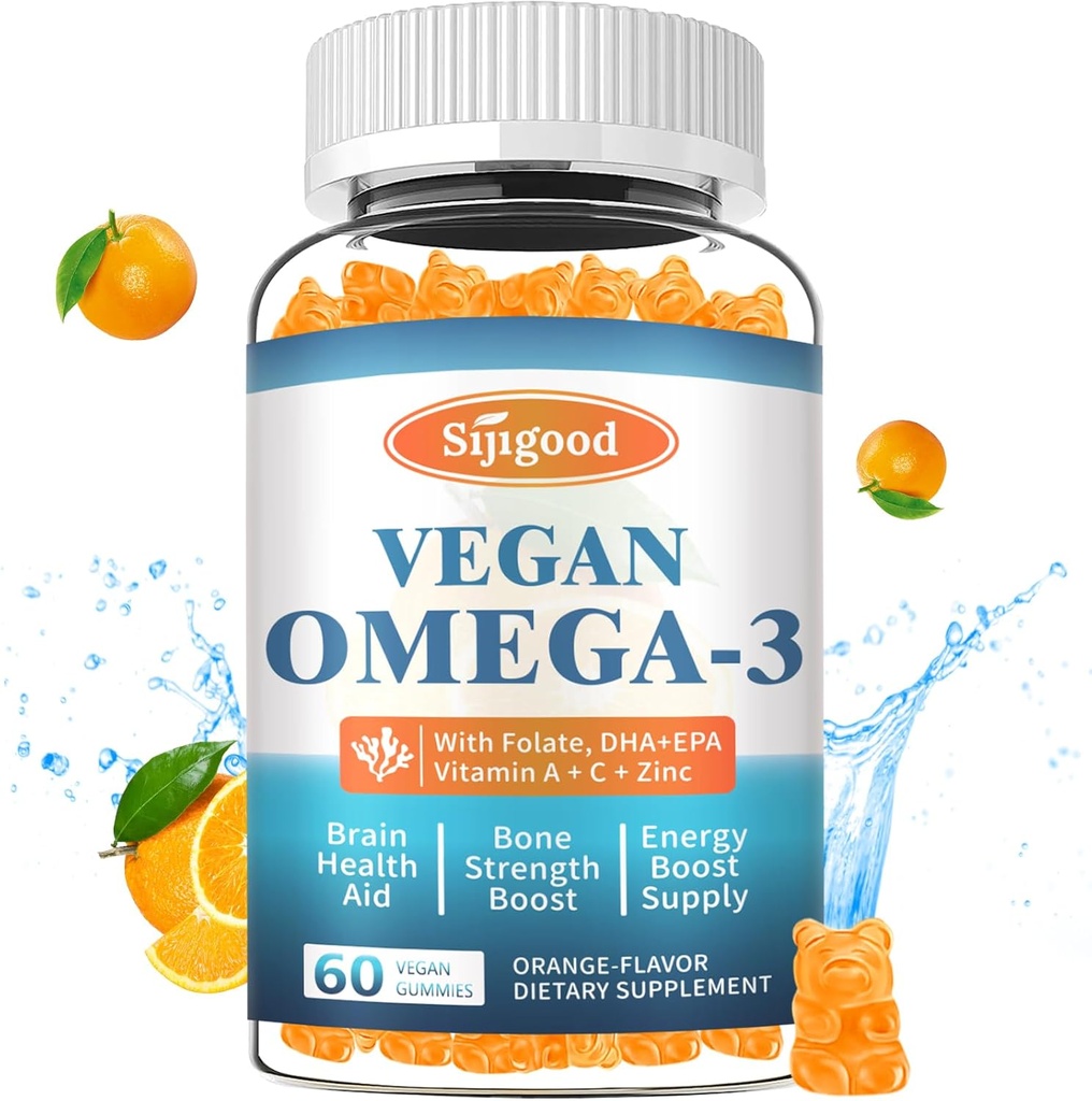 Omega-3 Gummies Potent Algae Omega Source, Boost Brain, Eye & Immune Function, with DHA and EPA Vegan & Sugar Free, Orange Flavor, 60 Count