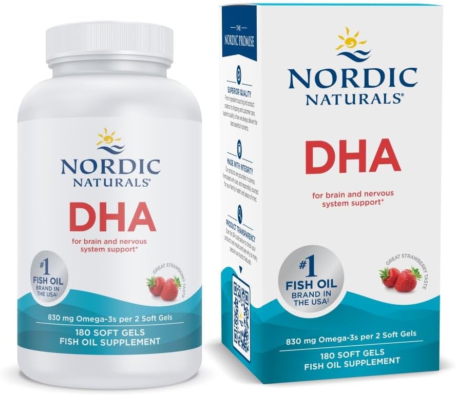Nordic Naturals DHA, Strawberry - 180 Soft Gels - 830 mg Omega-3 - High-Intensity DHA Formula for Brain & Nervous System Support - Non-GMO - 90 Servings