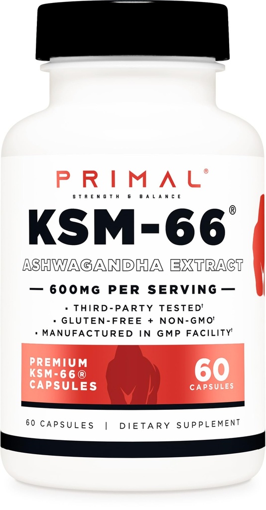 Primal KSM-66 Ashwagandhaの複合体(60のカプセル/60のサービングごとの60のmg) - KSM-66 Ashwagandhaの黒いペッパーのエキス、グルテンフリー、非GMO
