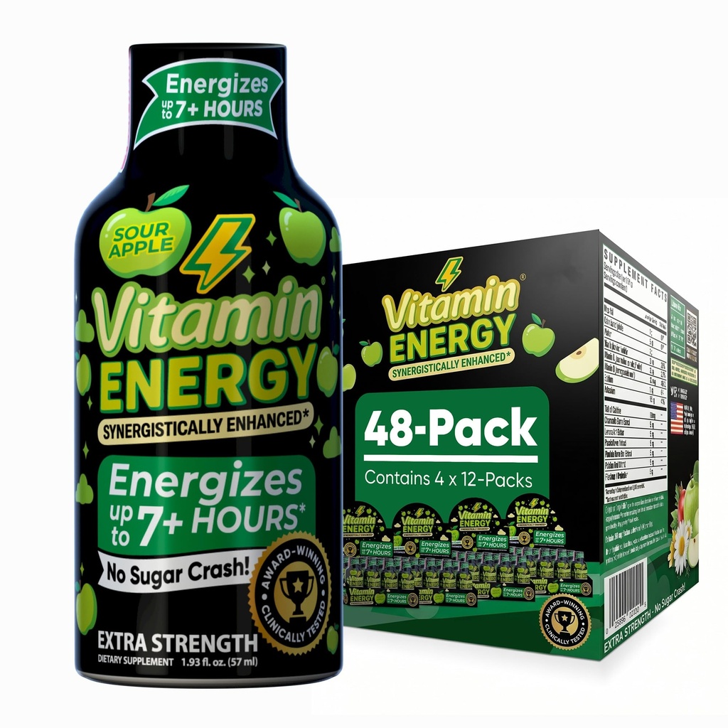 ビタミンエネルギーワークアウト + 余分な強度エネルギーショットサワーアップル 48 パック, 260 mg 自然カフェイン, プレワークアウト, B ビタミン, ミネラル, 持久力 & パフォーマンス, ゼロ砂糖, グルテンフリー, 完全菜食主義者の, 1.93 fl oz