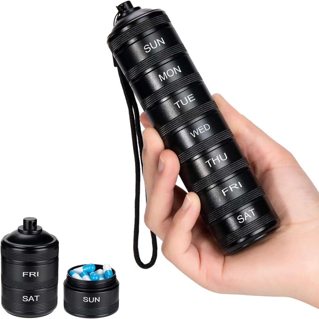 週刊金属の丸薬のオルガナイザー-旅行丸薬箱、防水丸薬箱、7日のアルミ合金の丸薬の携帯用丸薬のホールダー、補足、魚油