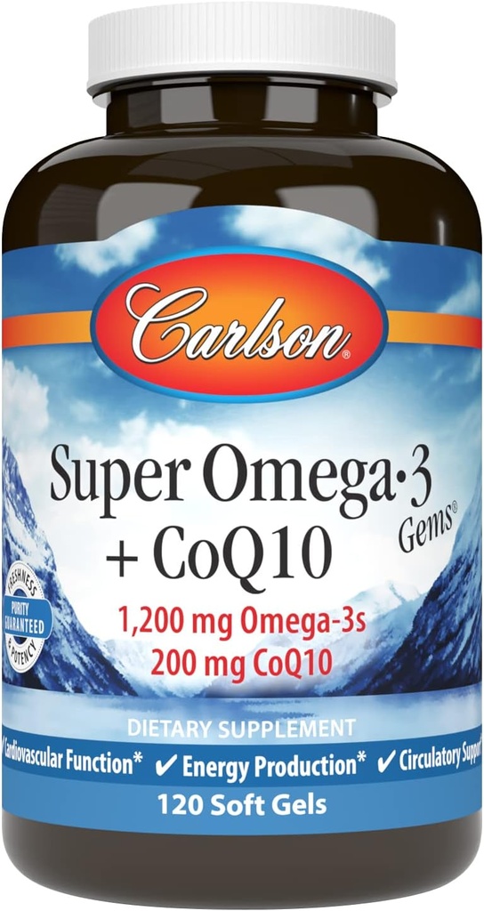 カールソン - スーパーオメガ-3 宝石 + CoQ10、1200 mg Omega-3s 200 mg CoQ10、循環機能、エネルギー生産と循環サポート、120 Softgels