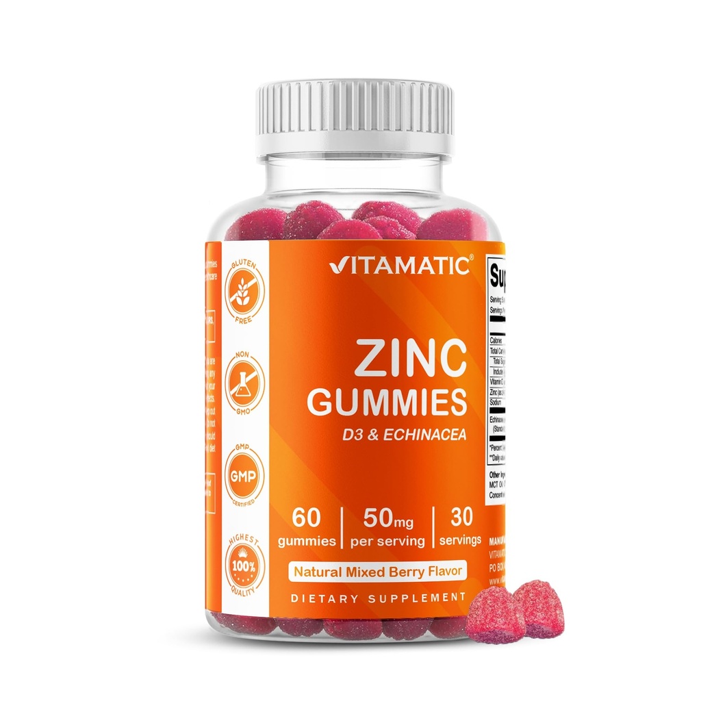 Vitamatic亜鉛50mgグミー - 60ビーガングミーグルテン無料 - 大人のための健康的な免疫サポート、男性と女性