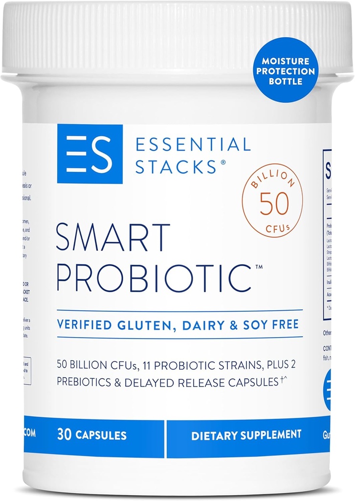 Essential Stacks Smart Probiotic - 50 Billion CFUs, 11 Probiotic Strains, 2 Prebiotics, Delayed Release Capsules - A Daily Probiotic Prebiotic For Women & Men (30 Capsules)