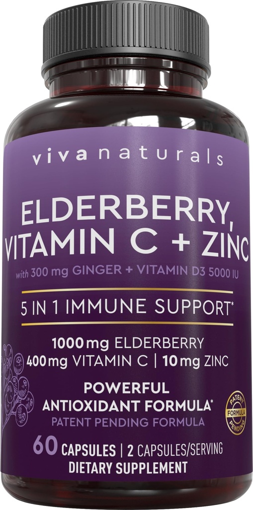 Viva Naturals 大人のためのビタミンCと亜鉛と黒のエルダーベリー(60カウント) - サムブカスエルダーベリー免疫サポートサプリメント、大人のためのブラックエルダーベリーカプセル、女性のためのエルダーベリーサプリメント