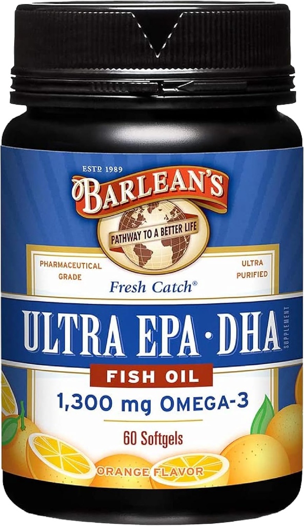 Barlean's Omega 3 Fish Oil Supplements, Supplement Softgels for Men and Women, 1300 mg Ultra EPA and DHA Fatty Acids, Orange Flavored, 60 Count