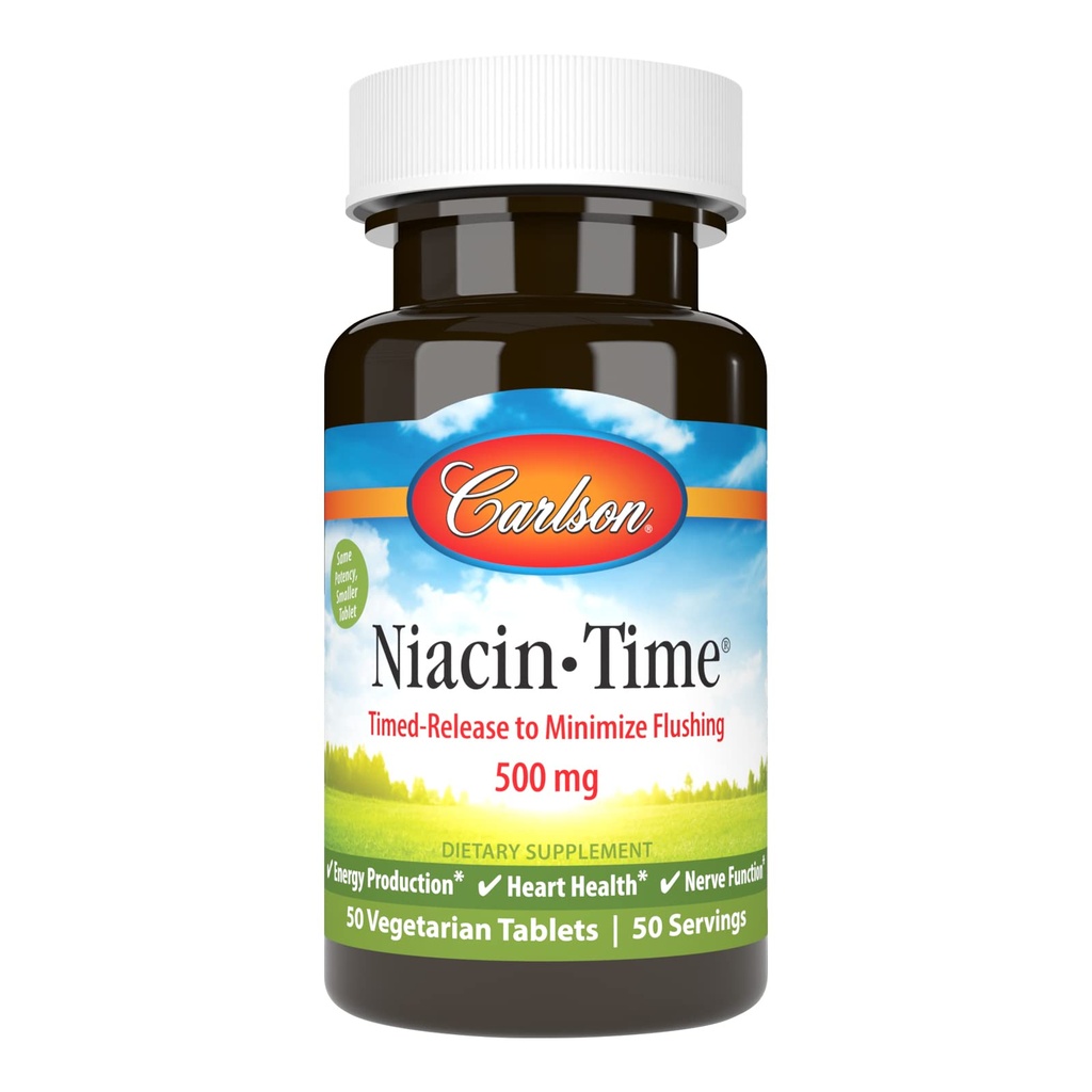カールソン - Niacin-Time、タイム リリース、500 mg、ビタミンB-3、コレステロール代謝、エネルギー生産、心の健康、50錠