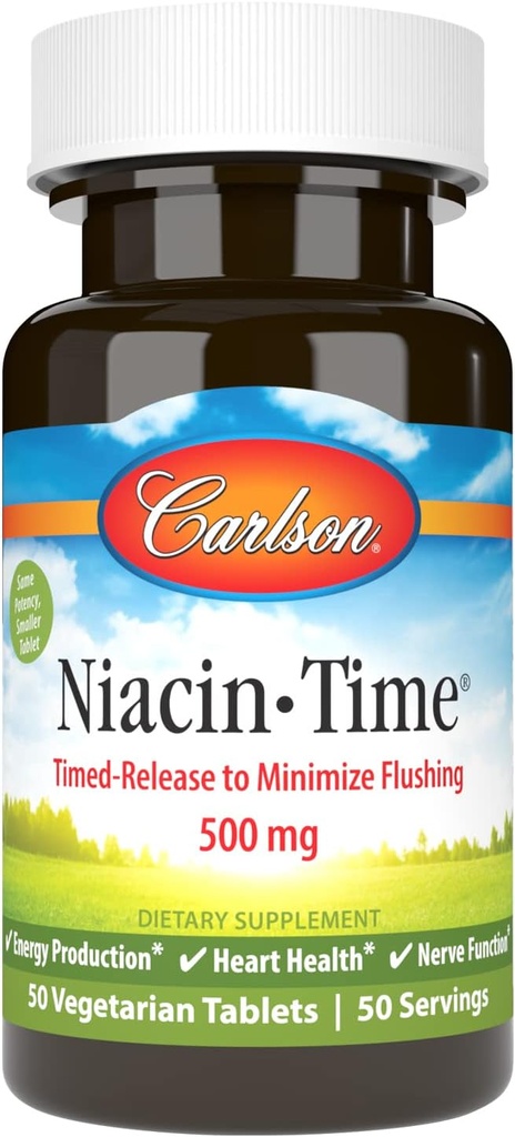 カールソン - Niacin-Time、タイム リリース、500 mg、ビタミンB-3、コレステロール代謝、エネルギー生産、心の健康、50錠