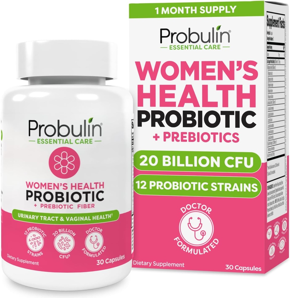 Probulin Womens Probiotic - Vaginal, UT, Gut & Immune Health with Lactobacillus Reuteri - 20 Billion CFU, 12 Probiotic Strains & Prebiotics - 30 Vegan, Gluten Free Capsules for Whole-Body Wellness