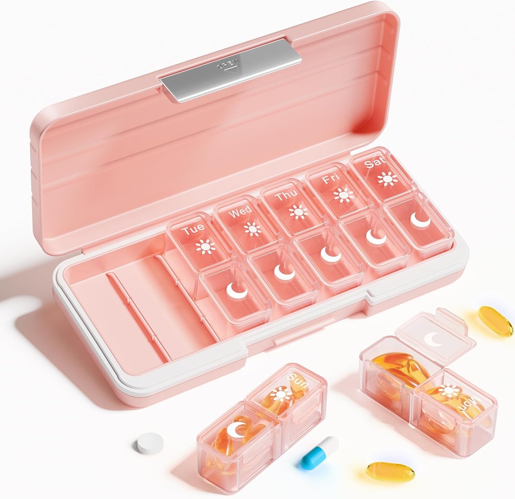 Betife AM PM Pill Organizer 2 回 1 日, 7 日ピル ボックス ウィークリー ピル オルガナイザー 別の容器と旅行, ビタミンのためのポータブル毎日の薬のプランナー ディスペンサー ケース, 魚油, サプリメント