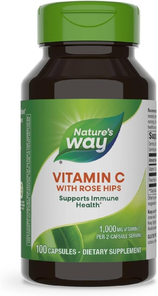 Nature's Way Vitamin C with Rose Hips, Powerful Antioxidant & Immune Function Support from Vitamin C*, Promotes Collagen for Healthy Skin*, 1,000 mg Vitamin C, 100 Capsules (Packaging May Vary)