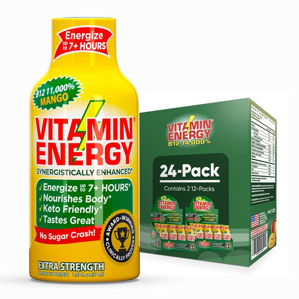 Vitamin Energy B12 11,000% Extra Strength Energy Shot Mango 24 Pack, 260mg Natural Caffeine, B12 & B6, Nootropic Focus, Vitality, Zero Sugar, Gluten-Free, Vegan, Kosher, 1.93 fl oz