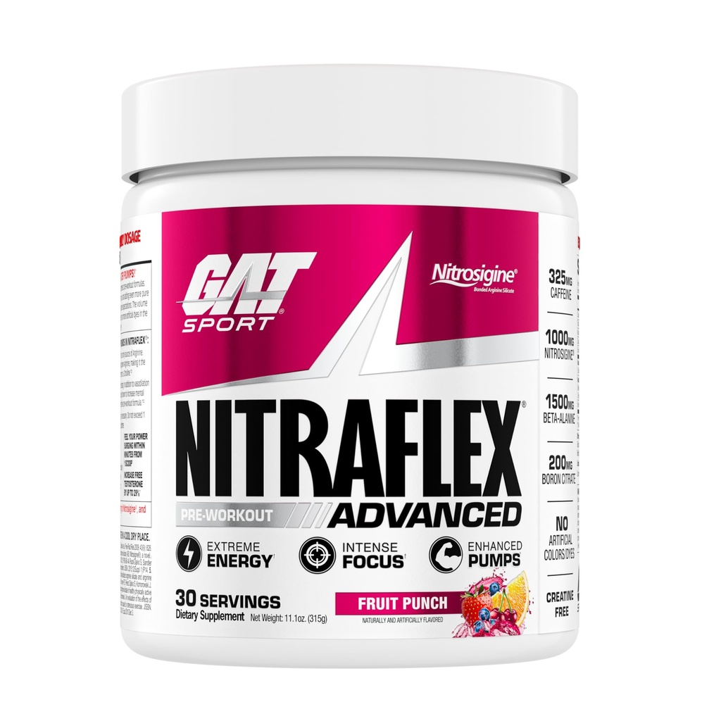 GAT SPORT Nitraflexアドバンストプレワークアウトパウダー、血流を増加させ、強さとエネルギーをブーストし、エクササイズパフォーマンス、男性と女性(フルーツパンチ、30サービング)を改善します。