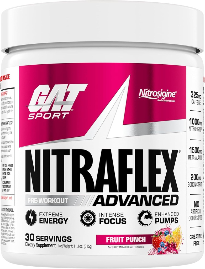GAT SPORT Nitraflexアドバンストプレワークアウトパウダー、血流を増加させ、強さとエネルギーをブーストし、運動性能、男性と女性(フルーツパンチ、30サービング)を改善します。