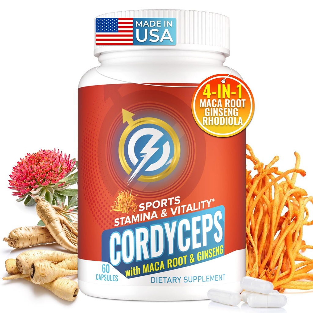 コーディプスのきのこのカプセル-Cordyceps Militaris、Maca Root、Ginseng、Rhodiola、持久力のためのきのこの補足、スタミナ、アスレチックの性能、60のカプセルが付いている免疫及びエネルギー サポート補足