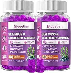 Sea Moss & Elderberry Gummies, Blueberry Flavored Gummy, Vitamins Sea Moss Supplements with Vitamin C + Zinc and Apple Cider Vinegar, Good Texture, Vegan-Friendly, 120 Count(Pack of 2)