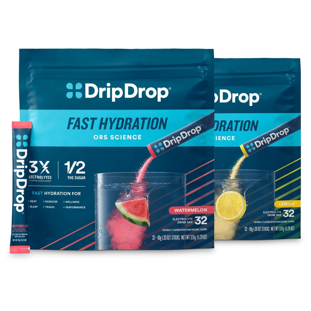 DripDrop Hydration - 電解液パウダーパケット - ウォーターメロン&レモンバンドル - 64 カウント