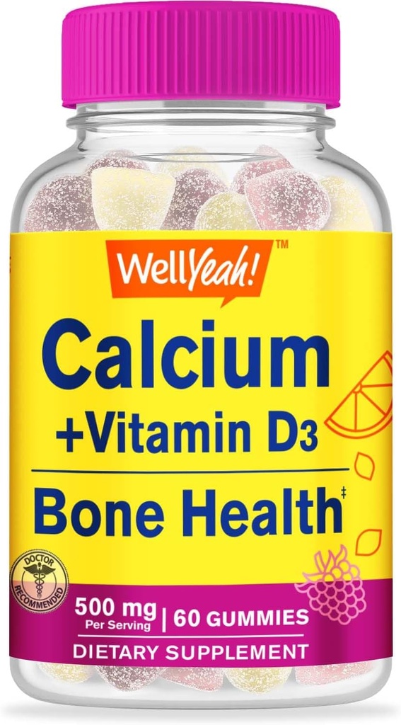 WellYeahカルシウム500mg +ビタミンD3 1000 IU(25 mcg)グミー - 骨の健康と筋肉のサプリメント、免疫サポートガミー、非GMO、グルテンフリー、ミックスフルーツ味 - 60グミ