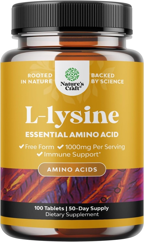 Natures Craft L-Lysine無料フォームカプセル - 目の健康のための高強度L-Lysineサプリメント リップケアコラーゲン合成と免疫サポート - エッセンシャルアミノ酸 - サービングあたりの1000mg - 100カウント
