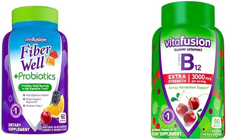 Vitafusion Fiber Well + Probiotics Gummies for Adults 60 Count Extra Strength Vitamin B12 Gummy Vitamins for Energy Metabolism Support 90 Count