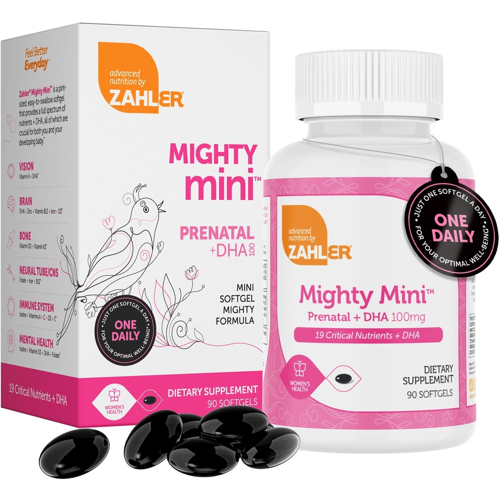 Zahler Mighty Mini Prenatal Vitamin with DHA & Folate - 認定コザー - すべての天然プレナタルビタミン - 妊娠中の女性のためのマルチビタミン - 19 葉酸を含む胎児ビタミン(90 Softgels)