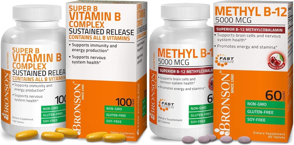 Bronson Methyl B12 5000 mcg Vitamin B12 Methylcobalamin Lozenges + Super B Vitamin B Complex Sustained Slow Release
