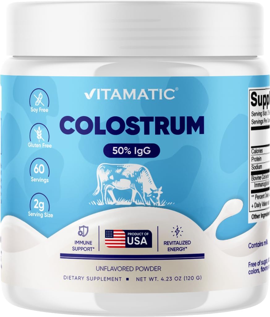 Vitamatic の牛の Colostrum の粉 - 50% の最も高い IgG -120 グラム - Gut の健康、毛の成長、美、筋肉回復および免疫 サポートのための補足 - 混合すること容易 - 不燃 - 60 サービング