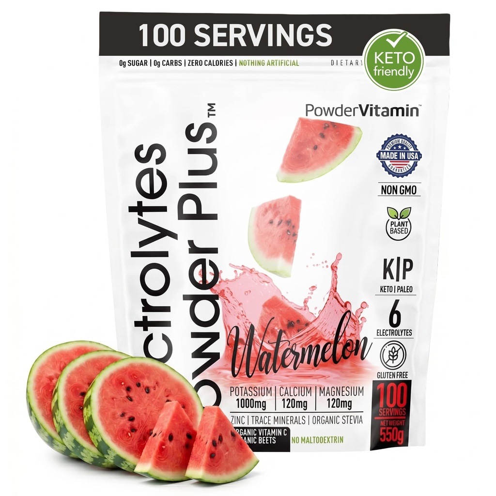 PowderVitamin の電解質の粉 プラス (100 のサービング) ウォーターメロンの電解質の粉、ゼロ Calorie、Keto、0 砂糖、Maltodextrin、1000mg のカリウム、120mg マグネシウム、エネルギー水和の粉無し
