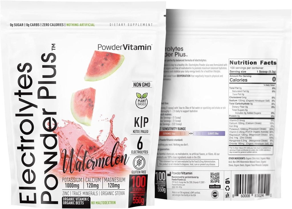 PowderVitamin の電解質の粉 プラス (100 のサービング) ウォーターメロンの電解質の粉、ゼロ Calorie、Keto、0 砂糖、Maltodextrin、1000mg のカリウム、120mg マグネシウム、エネルギー水和の粉無し