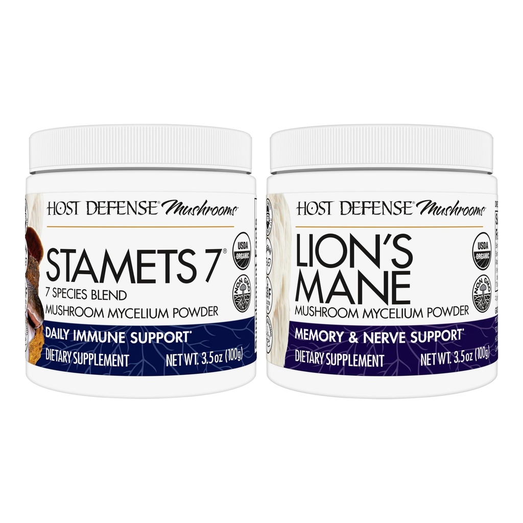 Host Defense Bundle with Stamets 7 Mushroom Powder, 3.5 oz & Lion's Mane Powder, 3.5 oz - Support Immune Health with 7 Species Blend - Support Brain Health, Memory & Focus*