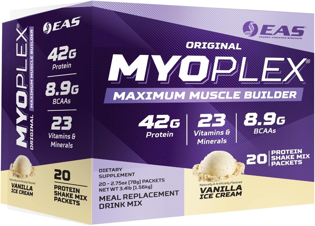 Experimental and Applied Sciences EAS Original Myoplex Maximum Muscle Builder | Meal Replacement Protein Drink Mix | Quality Protein Blend | 42g Protein | 20 Individual Packets (Vanilla Ice Cream)