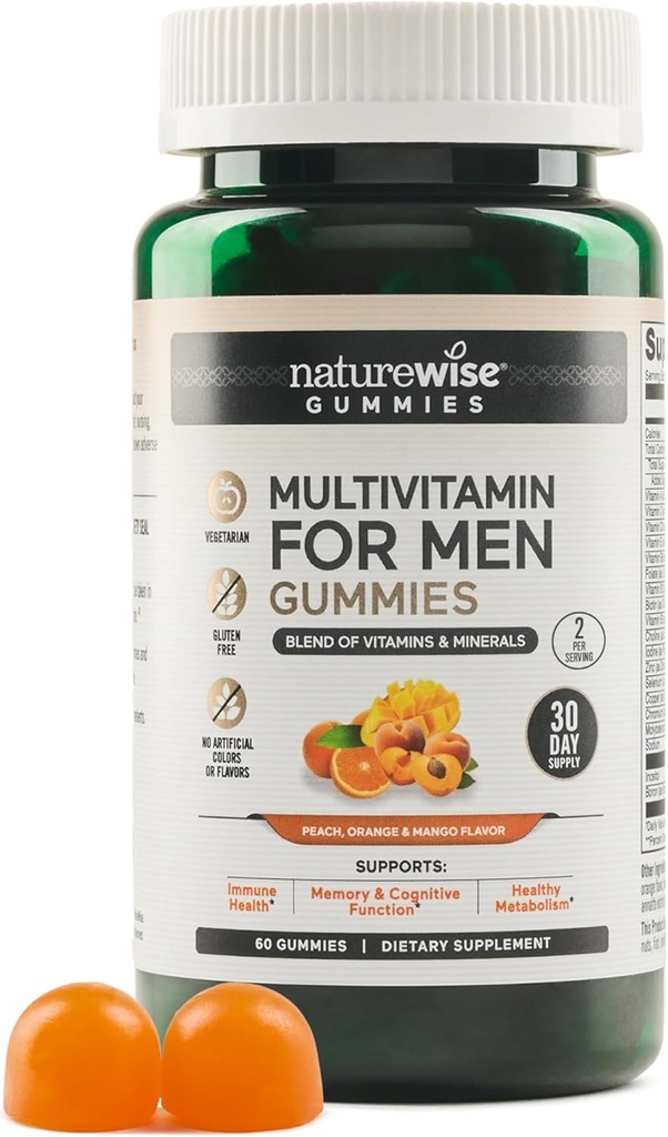 NatureWise男性のためのマルチビタミン、グミーピーチマンゴーフレーバー、ミネラル&ビタミンA、C、D、E、B6、B12、ベジタリアン、大豆フリー、非GMO、60カウント[1ヶ月の供給]