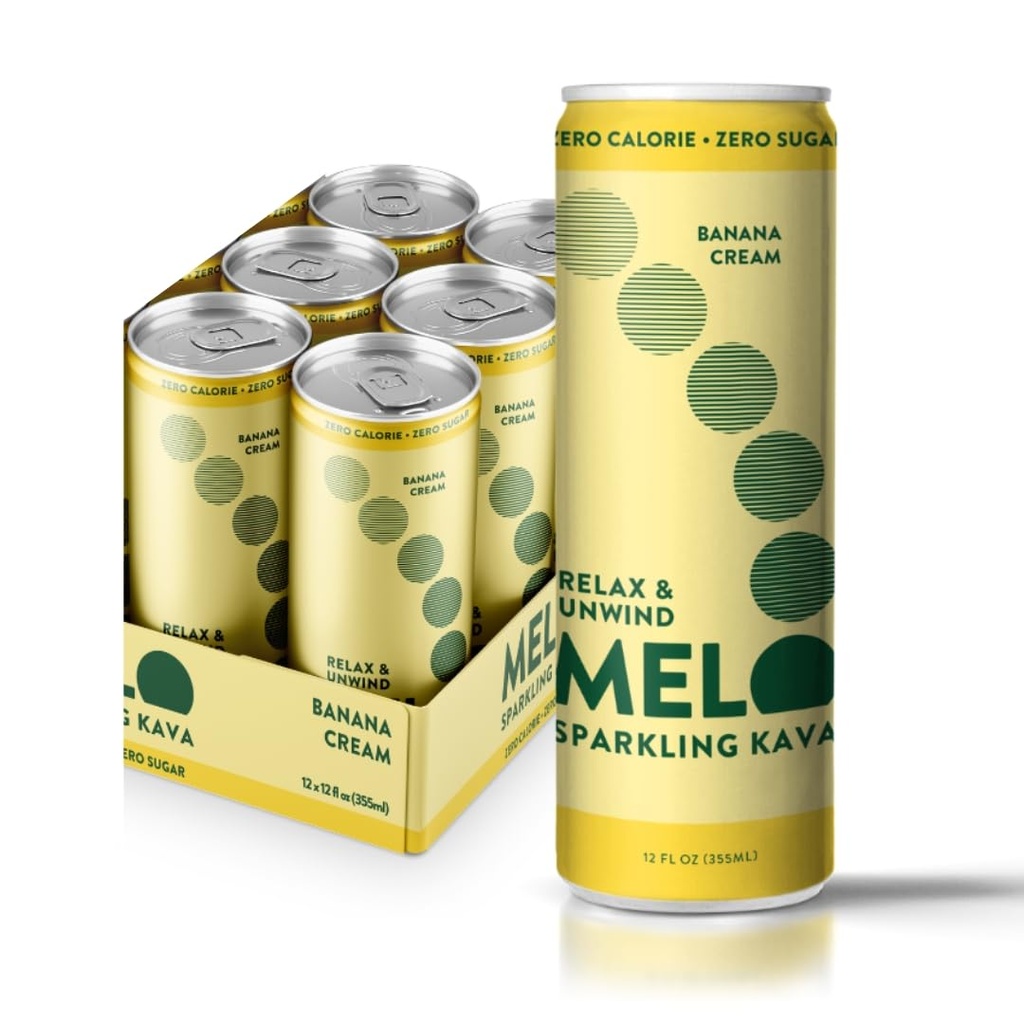メロスパークリングカバドリンク, バナナクリーム, 砂糖ゼロカロリーと無料の非アルコール飲料, グルテンフリー, 完全菜食主義者の, 100% ドリンクあたり100mgカバルートと自然なモックテール, 6 パック, 12 オンス缶
