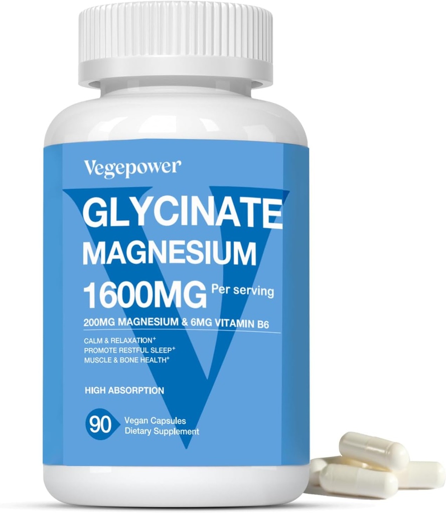 マグネシウムのGlycinate 1600mgの補足-ビタミンB6及び亜鉛を使って、ビタミンD3、睡眠のためのChelatedのマグネシウム、筋肉、骨および免疫の健康、高い吸収のMagnesio、非GMO、ビーガン90のカプセル