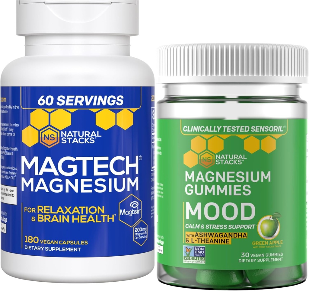 Natural Stacks Magtech Magnesium + Mood Magnesium Gummies Bundle - 4 Forms of Magnesium - Relaxation, Brain Health & Stress Support* - 210 Total Pieces