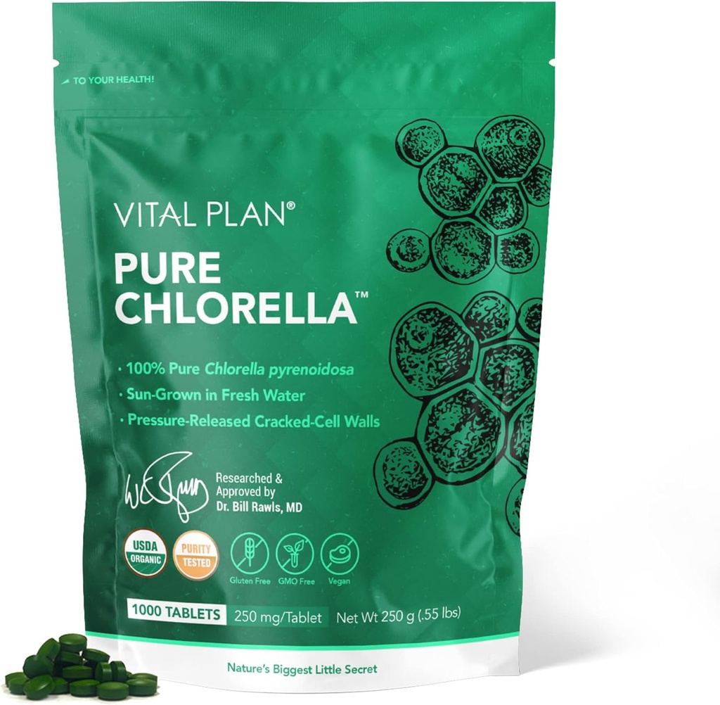 Vital Plan Pure Chlorella Tablets - Sun Grown Chlorella Pyrenoidosa Supplement by Dr. Bill Rawls w/Broken Cell Wall - Organic Chlorella w/Chlorophyll, Cracked Cell Wall & No Fillers (1000 Tabs)