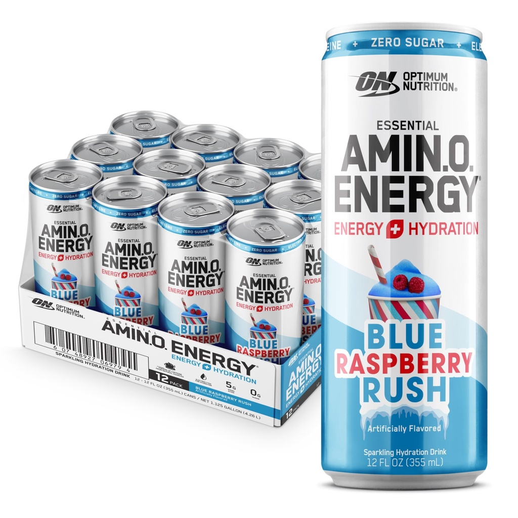 最適栄養アミノエネルギースパークリング水和ドリンク、電解液、カフェイン、アミノ酸、BCAA、砂糖無料、ニューブルーラズベリーラッシュ、12 Flオズ、12パック(パッケージ5月Vary)