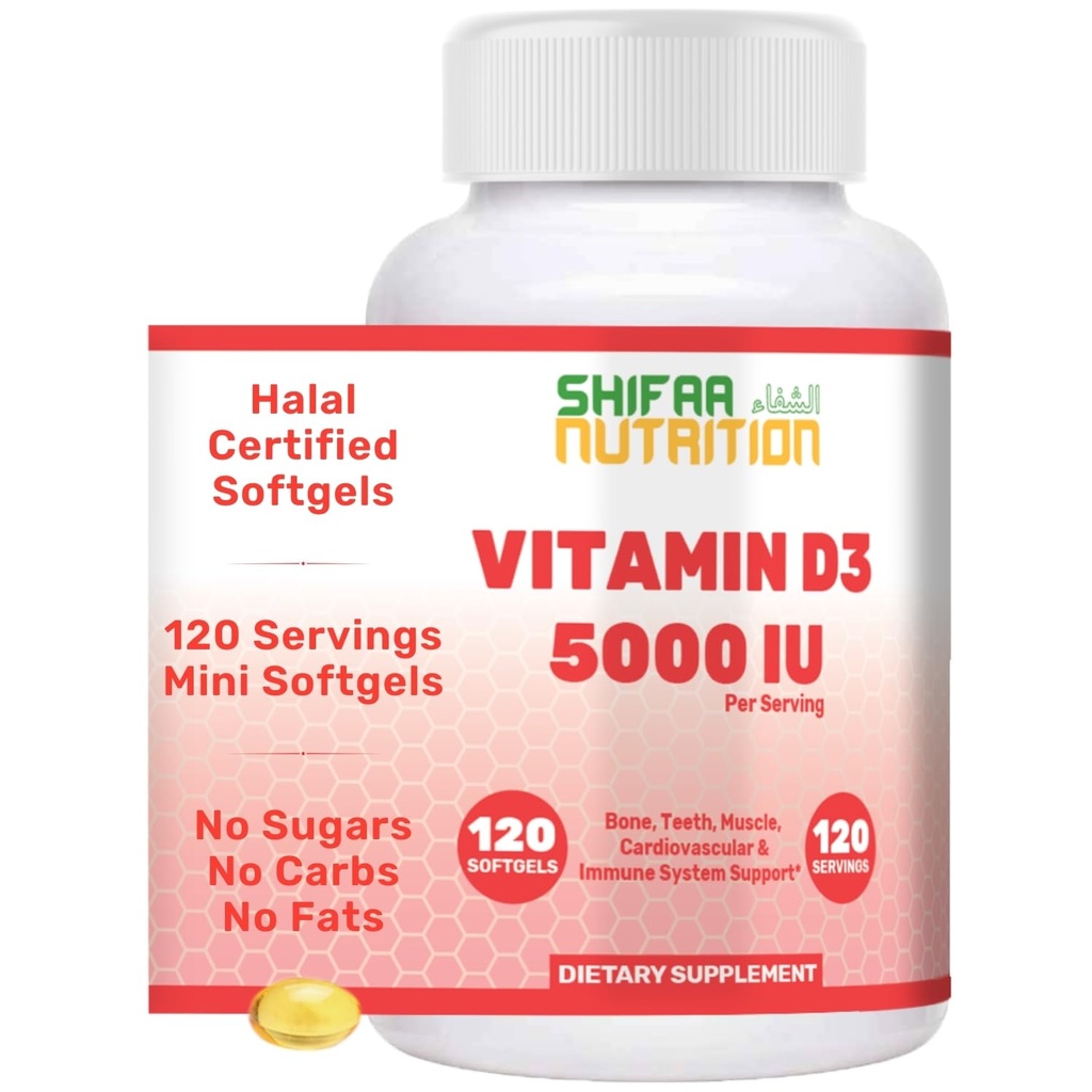 SHIFAAの栄養のハラールのビタミンD、ハラールのビタミンD3、5000 IUのSoftgels、120のサービング。 非GMO、グルテンフリー、サポート:構造、骨、歯、心、筋肉及び免疫機能