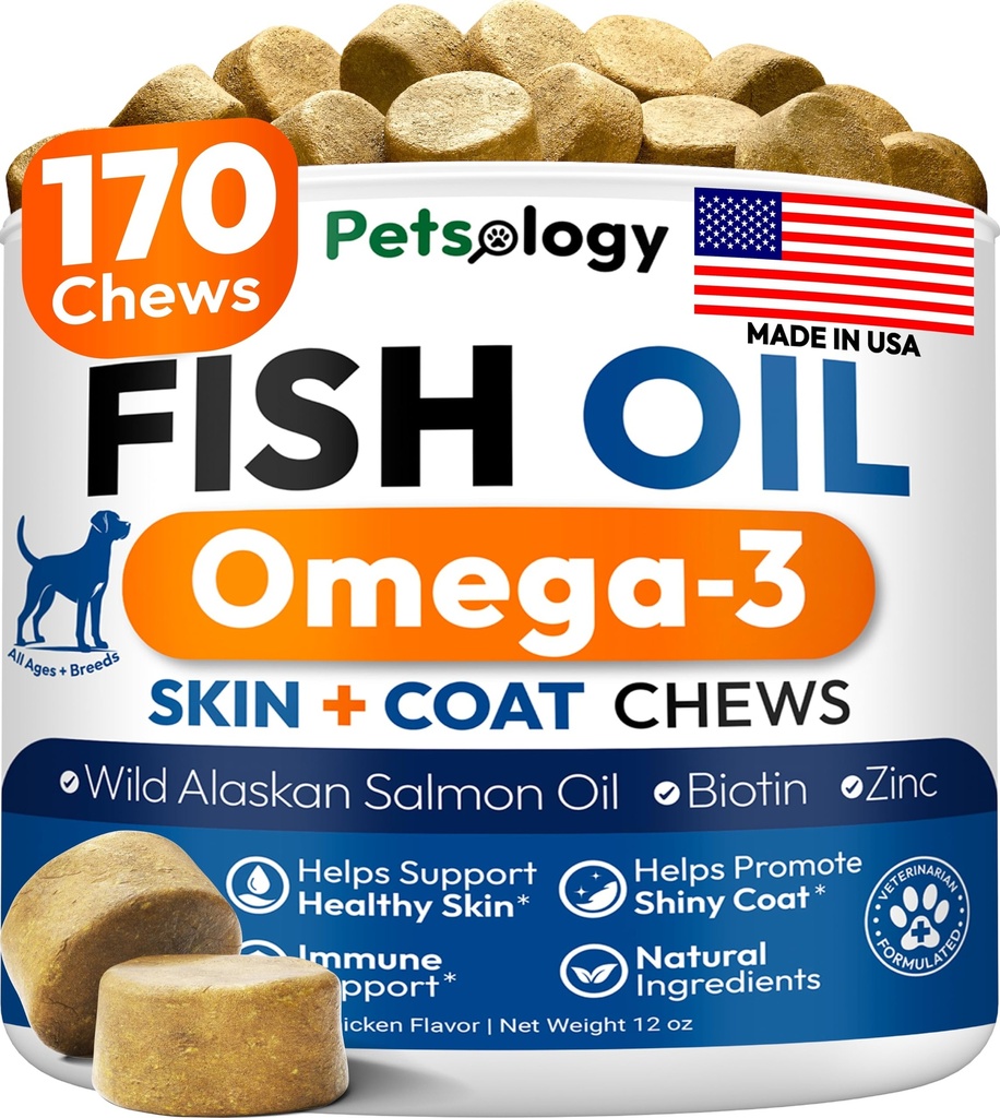 犬用オメガ3魚油 - 170咀嚼 - 犬用イチキ肌&アレルギー救済のためのオメガ3 - 皮膚&コートサプリメント - EPA&DHA脂肪酸 - 犬のアンチシェイディング&ホットスポット治療 - サーモンオイル
