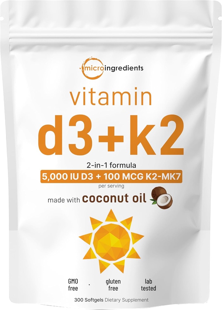 Micro Ingredients Vitamin D3 5,000 IU + K2 MK-7 100 mcg, 300 Softgels | Virgin Coconut Oil | 2-in-1 Bone, Immune & Heart Support | Easy to Swallow, Non-GMO