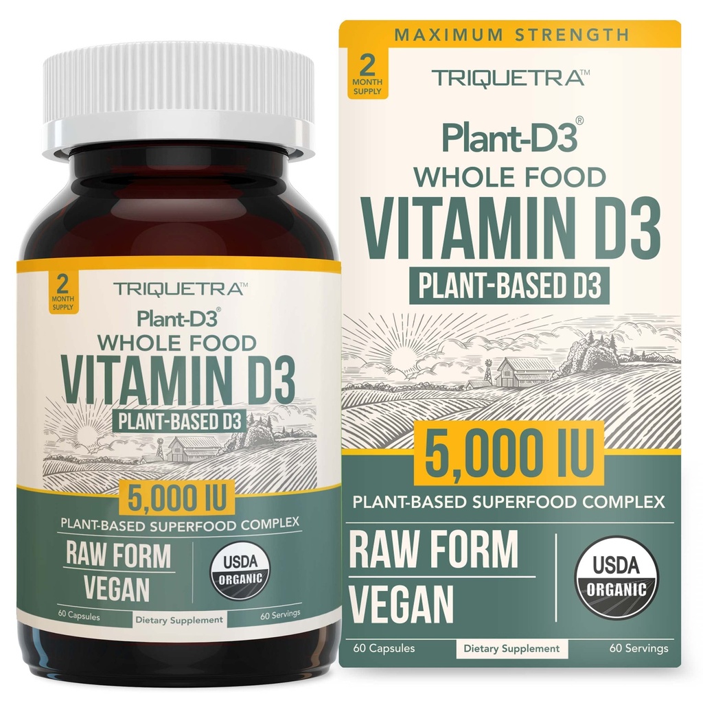 オーガニックビタミンD3 5,000 IU - 100%食品&植物ベースのコレステロール形態、100%ビーガンビタミンD - プレバイオティック&スーパーフードコンプレックスで強化 - オーガニック、ビーガン、GMO&グルテンフリー(60カプセル)