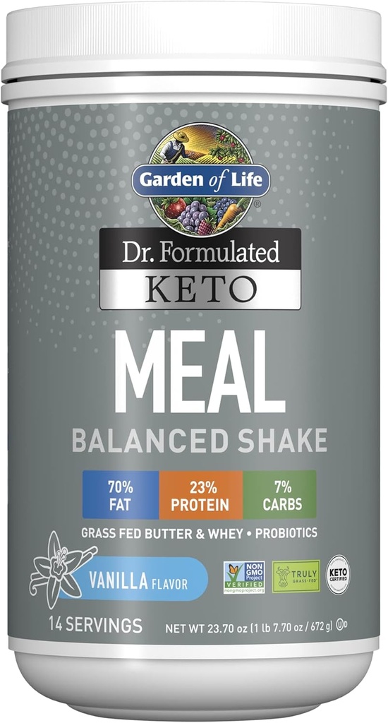 人生の庭 Dr. 定式 Keto 食事バランスの取れたシェイク - バニラパウダー, 14 サービング, 本当に草のフィードバター & プロバイオティクスプラスプロバイオティクス, 非GMO, グルテンフリー, ケトロジー, Paleo 食事の交換