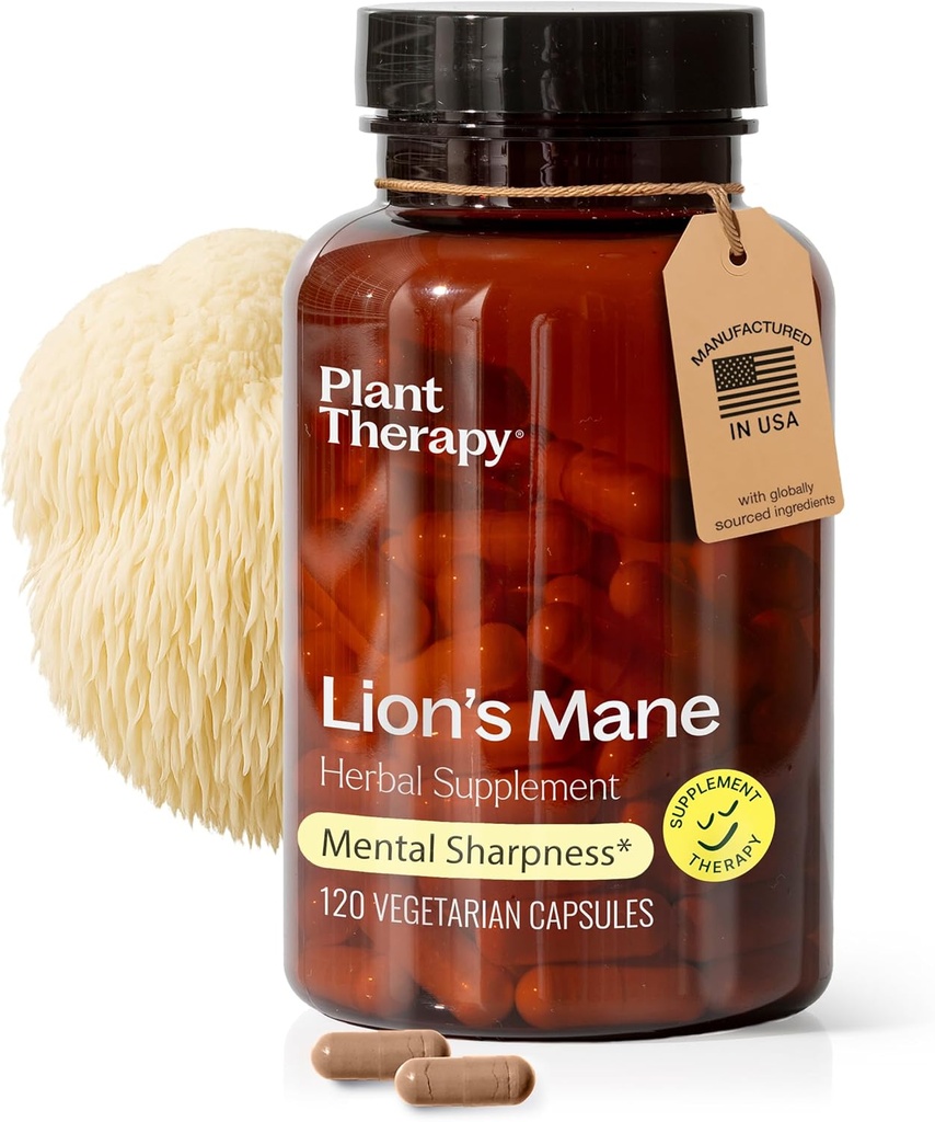 Plant Therapy Lion's Mane Mushroom Supplement Capsules Manufactured in USA 4 Month Supply Supports Brain Health, Mental Clarity & Memory Supplements for Women & Men 120 Vegetarian Capsule