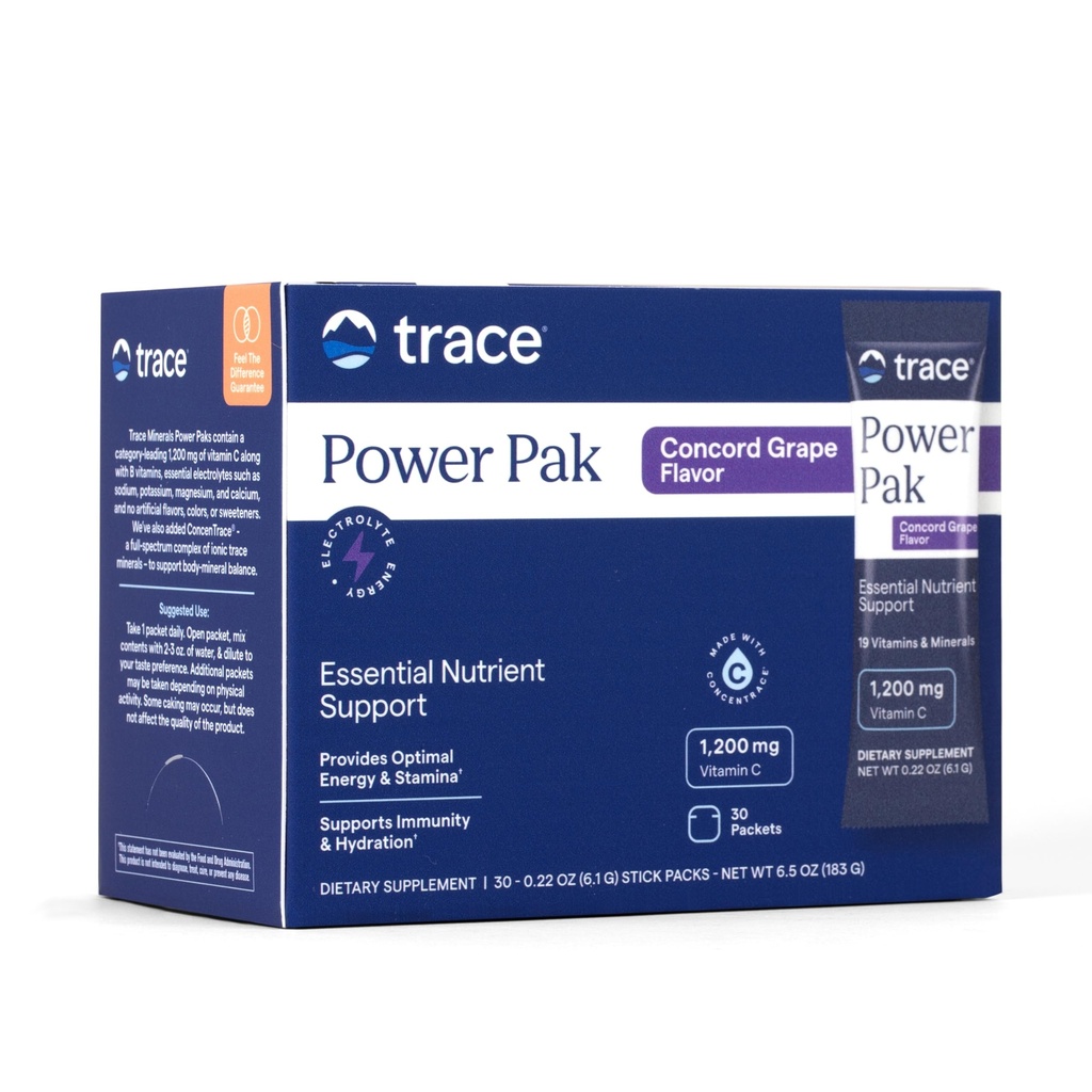 微量ミネラル | パワーパック電解液パウダーパック | 1200mg ビタミンC・亜鉛・マグネシウム | ブースト免疫・水分補給・自然エネルギー | コンコルドグレープ | 30個入り