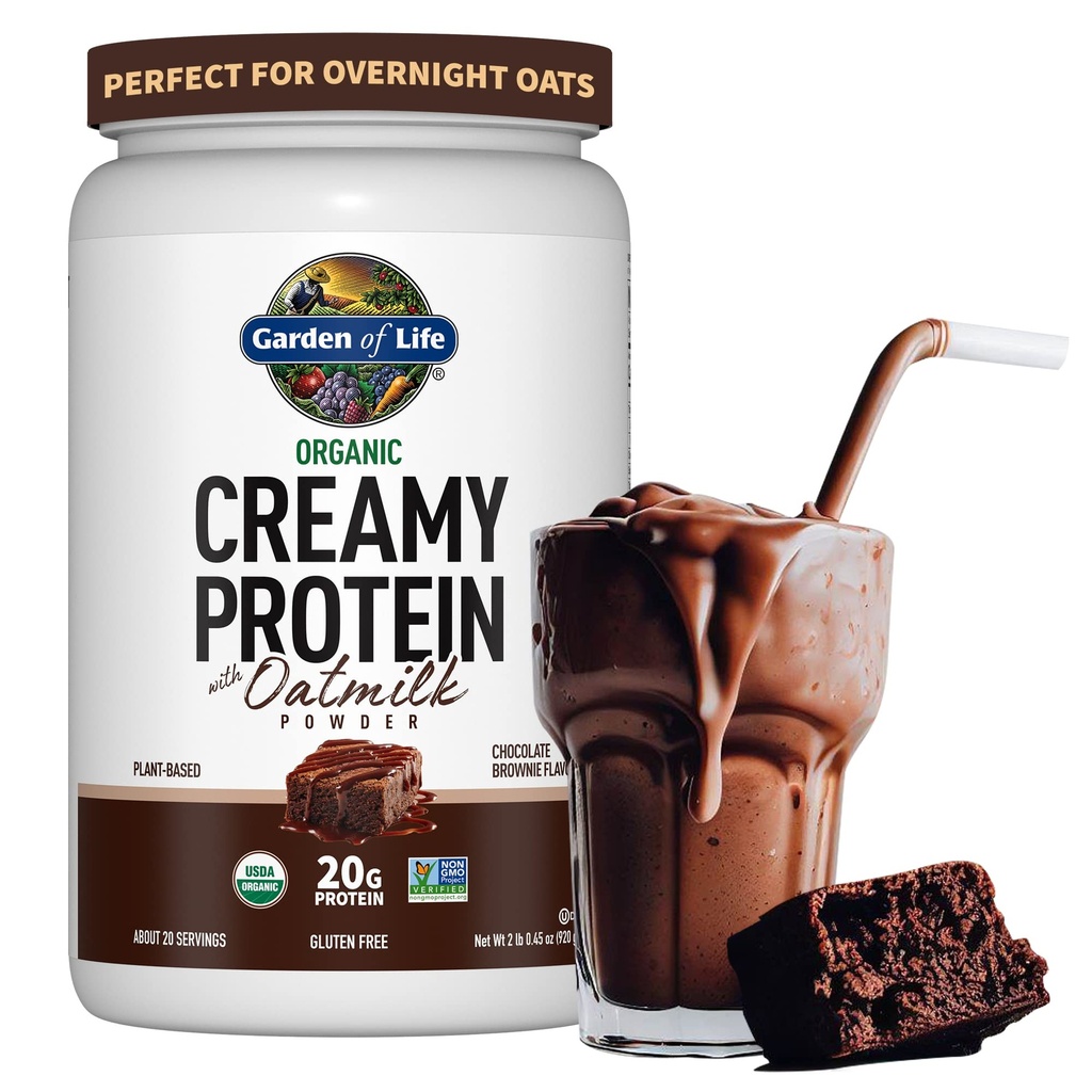 ライフクリーミーオーガニックビーガンプロテインパウダー+ OatMilk、20g完全植物ベースのタンパク質、ココナッツウォーター、MCT、スプルーテッドグレイン、プレバイオティクス、プロバイオティクス - グルテンフリー、チョコレートブラウニー、2 LBS