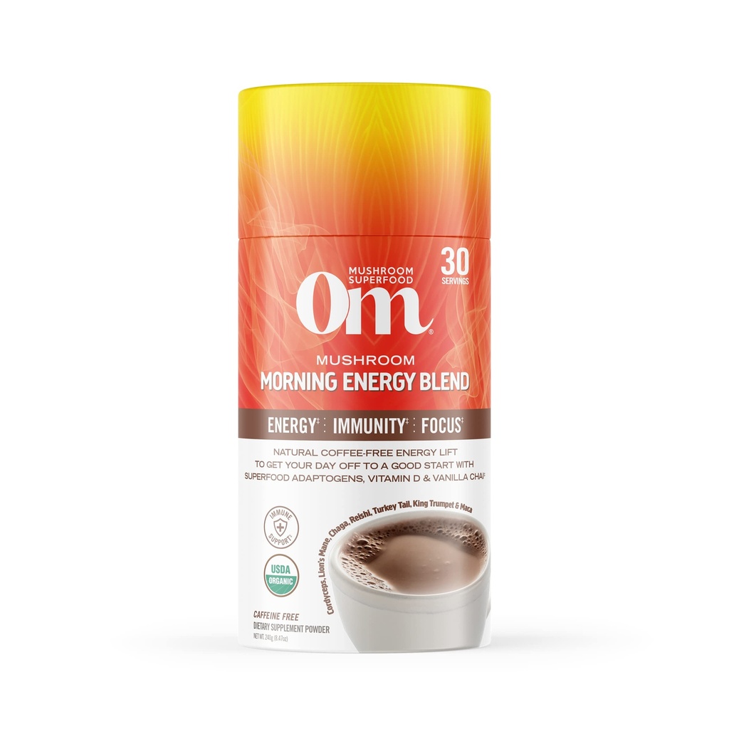 Omのきのこのスーパーフードの朝のエネルギー ブレンドのきのこの粉の飲み物、8.47のOunceのおおい、Cordyceps、ビタミンD2、Agaricusのビスポラス、ライオンのマネ、Rhodiola、およびトルコの尾が付いているコーヒー自由なエネルギー飲み物